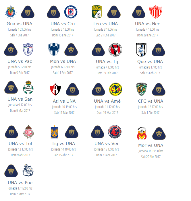 Calendario de Pumas UNAM Clausura 2017 futbol mexicano